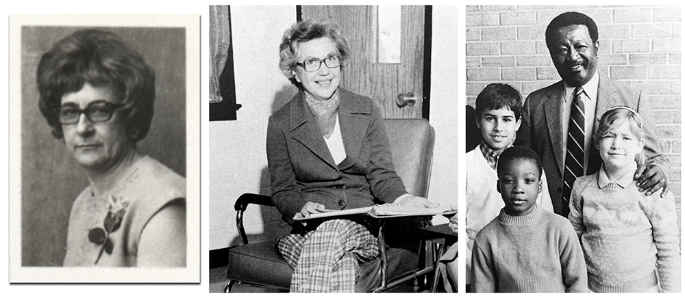 Black and white portraits of principals Beatrice Ward, Marvis Wynn, and Joseph Rucker. Beatrice Ward's picture is a head-and-shoulders portrait from a FCPS directory of school principals printed in 1969. Marvis Wynn's picture comes from our 1976 to 1977 yearbook. She is seated in chair, presumably in her office, and is holding a three ring binder which sits open on her lap. Joseph Rucker's photograph comes from our 1985 to 1986 yearbook. He is standing next to a brick wall with three children in front of him, two boys and a girl.