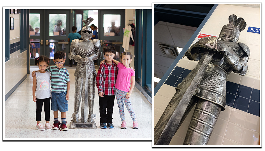 Two photographs of the knight statue known as Sir Learn-a-Lot. The statue stands about four or five feet tall, and appears to be made of brushed metal. The knight is wearing a full suit of plate armor. It has a helmet on its head, and is holding a broad sword with its blade imbedded downward into the pedestal base that holds up the statue. On the base of the statue is a plaque that tells how the statue was dedicated to the school by Principal Chubb. In the photograph on the left, four young students are posing for the camera in a hallway with the statue between them. On the right is a photograph of the statue taken from a low angle, showing the detail of the workmanship on the armor. 